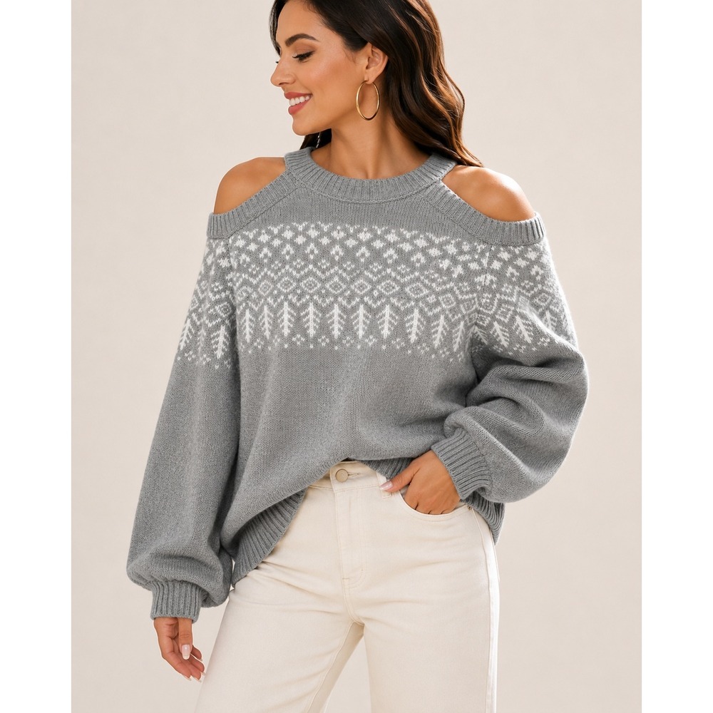 INVOLAND Gray Fair Isle Cutout Cold Shoulder Sweater Lantern Sleeves Plus 22W